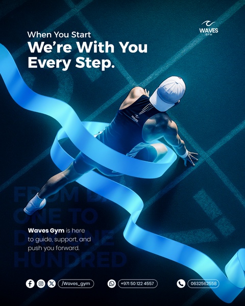 A 4:5 ratio gym advertisement featuring an athlete in starting blocks with an aesthetic blue ribbon element symbolizing progression.